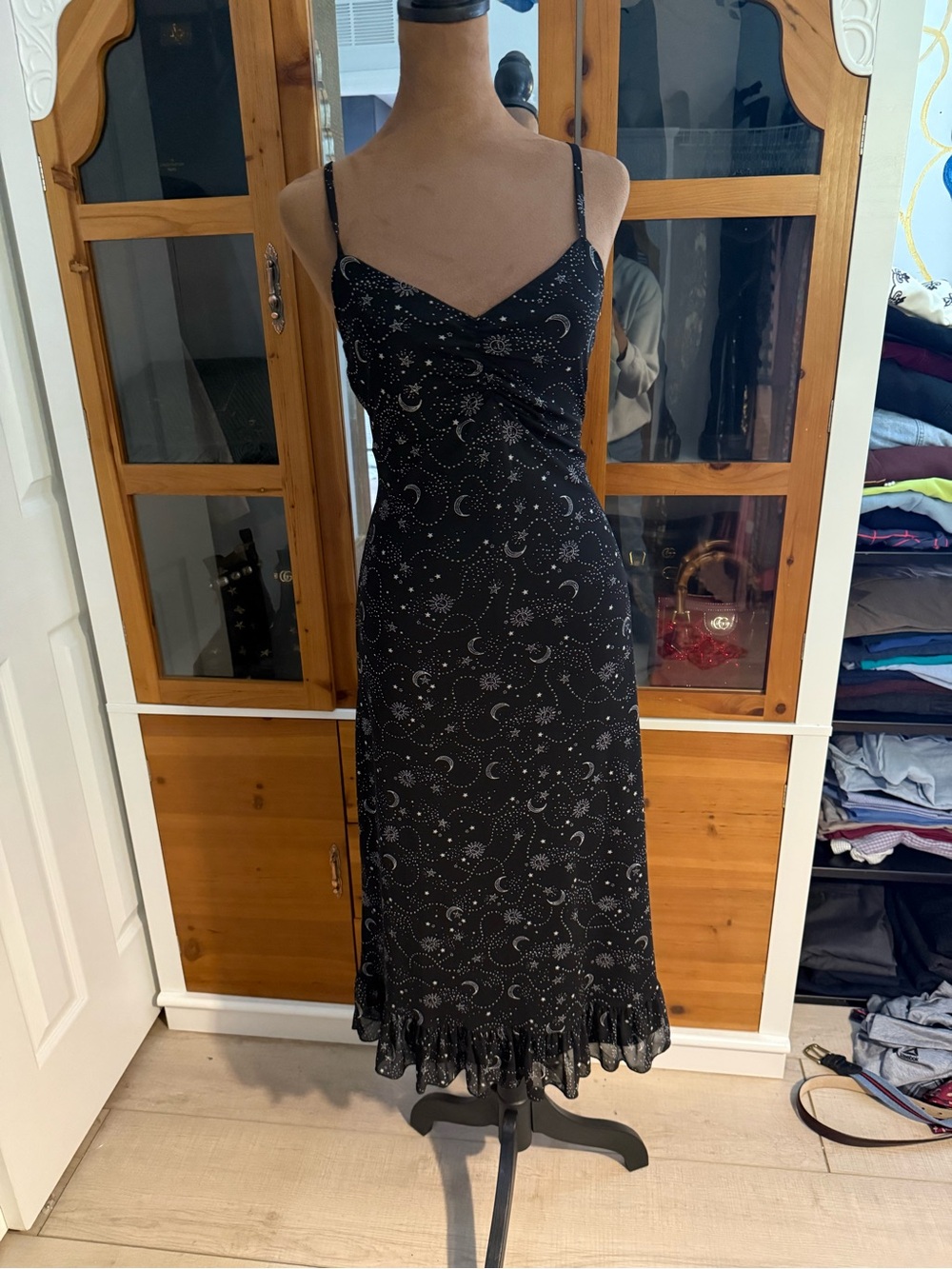 Ultra Flirt Black Slip Dress with Celestial Print